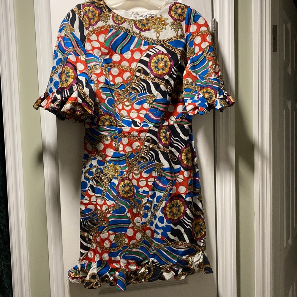 NWOT RHODE Ruffled Tan and Blue Mini Sheath Dress
